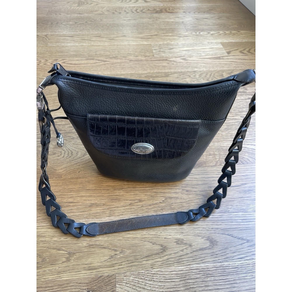 Brighton Handbag Bucket Bag Black Two Way Pebbled Leather Braided Strap Charm